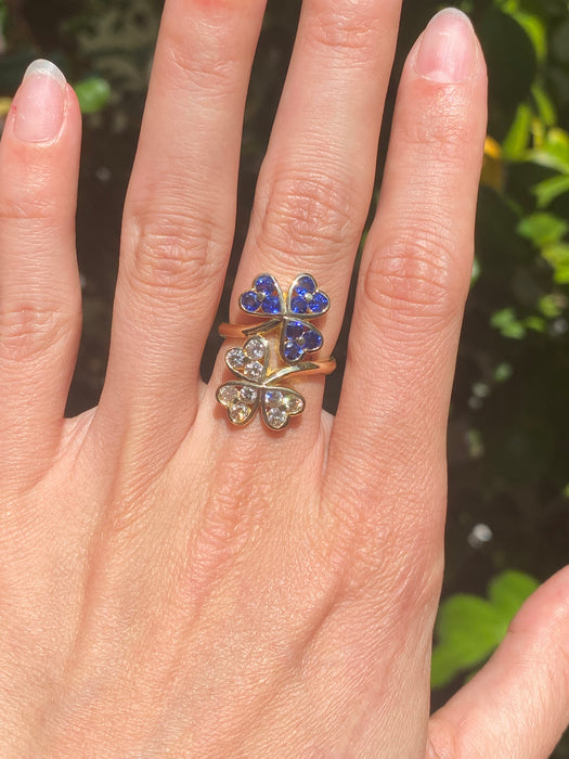 18k diamond blue sapphire clover bypass ring size 5