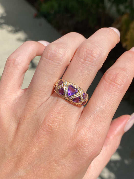 Vintage 18K Gold Amethyst Heart Ring with Diamond Accents – Size 7