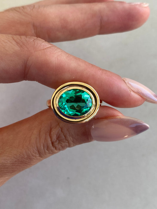 14K Double Bezel 3.4 Carat Lab-Grown Emerald Oval Ring
