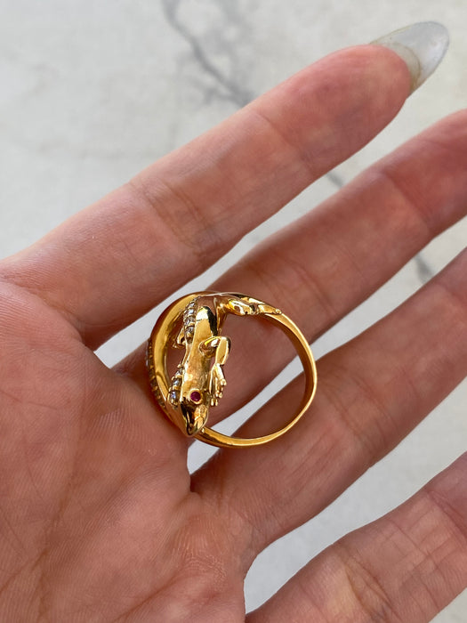 Vintage 18K Gold Diamond & Ruby Lizard Spiral Ring