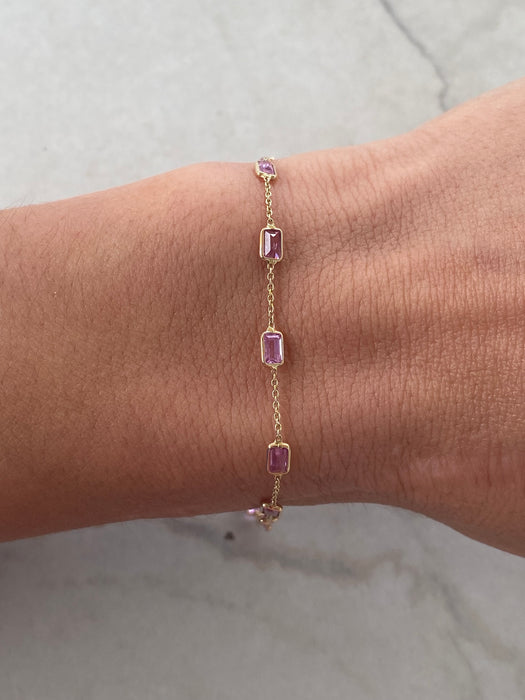 14K Gold Emerald-Cut Pink Sapphire Charm Bracelet