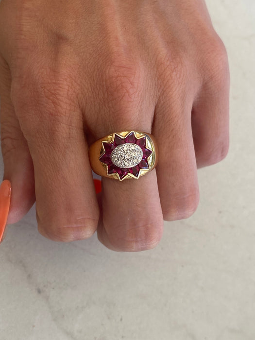 Vintage 18K / Platinum 900 Ruby & Diamond Sunburst Cigar Band Ring