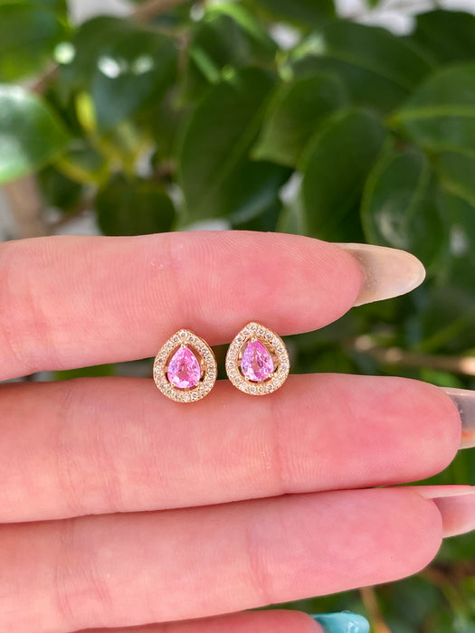 14k pink sapphire diamond halo stud earrings