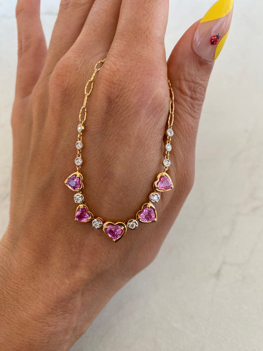 14K Gold Pink Sapphire Heart & Diamond Paperclip Necklace – 2.20 TCW Pink Sapphires