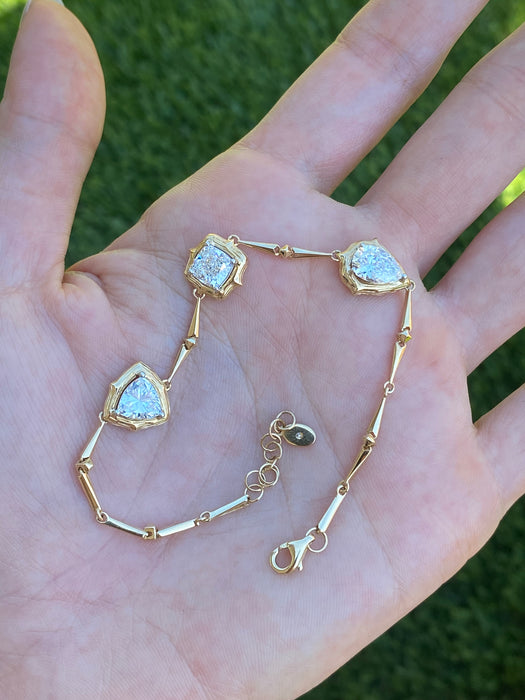 14K Gold Lab Diamond Bamboo Link Bracelet – 3.2 TCW Pear, Cushion & Trillion Diamonds – Adjustable 6–7”