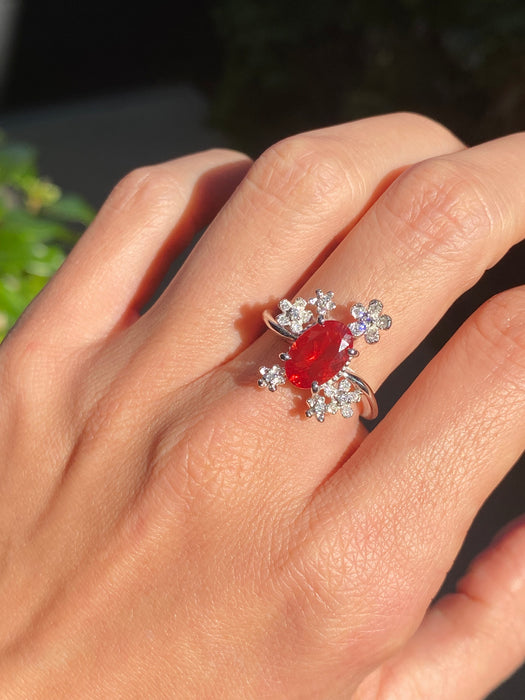 Platinum 900 diamond flower sunstone ring size 6.25