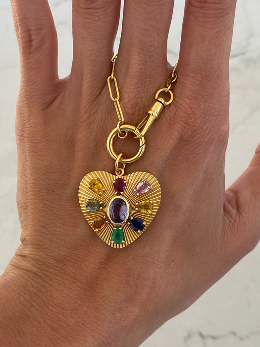 14K Gold Fluted Rainbow Gemstone Heart Charm -  5.31 TCW