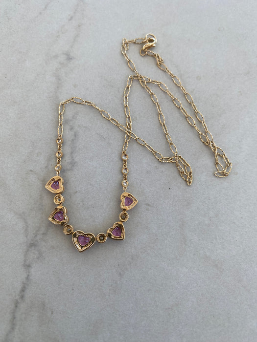 14K Gold Pink Sapphire Heart & Diamond Paperclip Necklace – 2.20 TCW Pink Sapphires