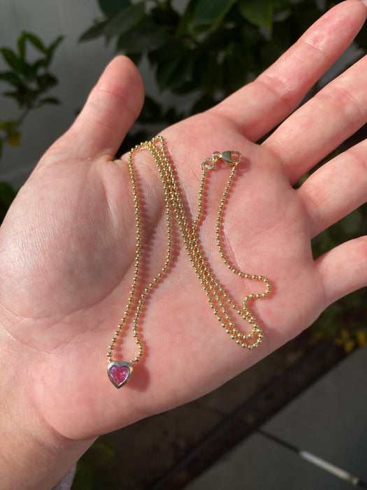 14k bead chain with bezel set pink sapphire heart necklace 18”