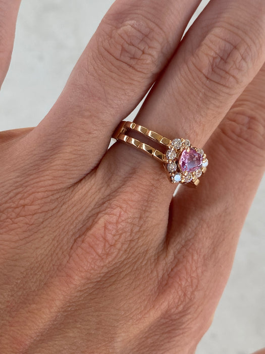 Vintage 18K Rose Gold Pink Sapphire Heart Ring with Diamond Halo – Size 7