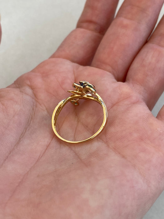 14K Gold Sapphire, Emerald & Diamond Flower Ring