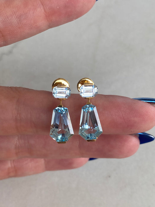 18K Gold Geometric Blue Topaz Dangle Earrings – 9.4ct