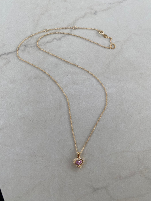 18K Gold Pink Sapphire & Diamond Heart Necklace