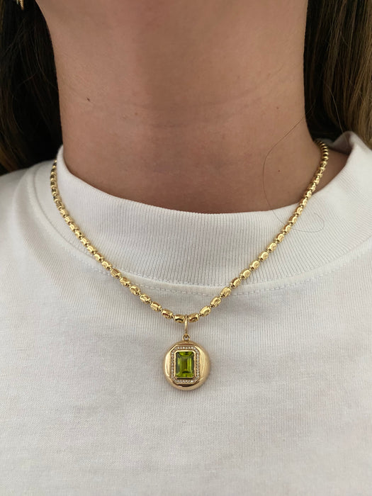 14K Gold Emerald Cut Peridot Disc Charm with Diamond Halo