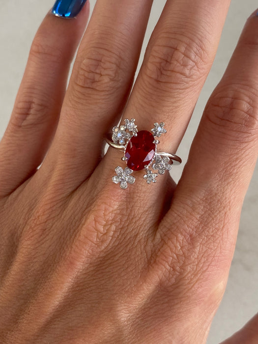 Vintage Platinum 900 Sunstone Diamond Flower Ring – Size 6.25