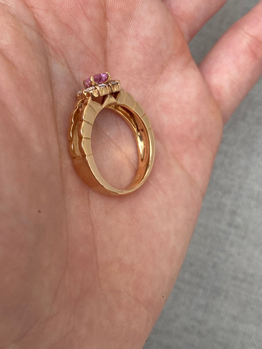 Vintage 18K Rose Gold Pink Sapphire Heart Ring with Diamond Halo – Size 7