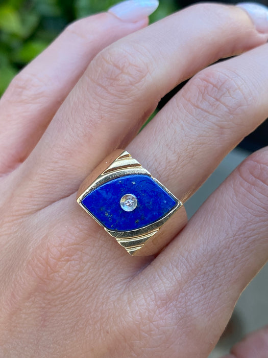 Vintage 14K Gold Lapis Lazuli Signet Ring with Diamond Center – Size 9.75