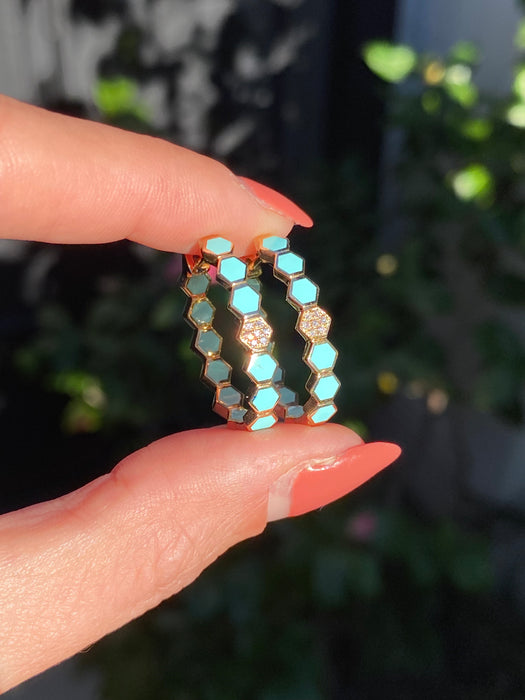 14k blue enamel diamond hexagon huggie hoop earrings