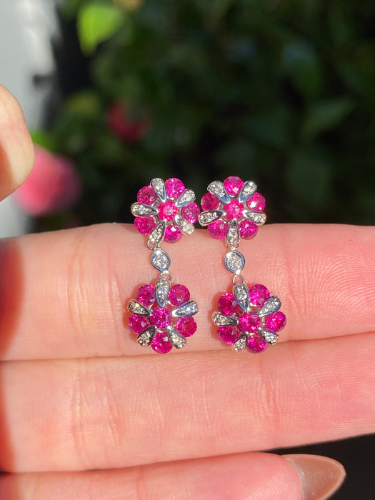 Vintage 18K White Gold Ruby & Diamond Flower Drop Earrings – 1.08 TCW Rubies