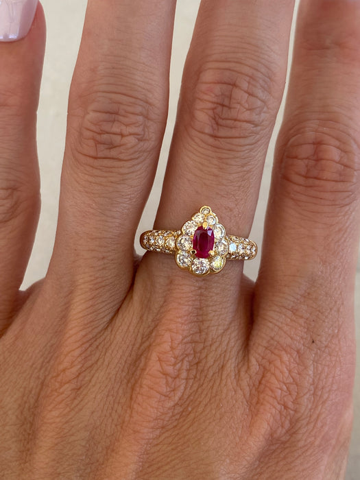 Vintage 18K Gold Ruby & Diamond Halo Ring