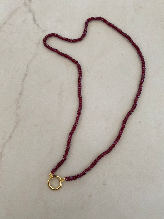 14k Gold Ruby Beaded Necklace With 14k Connector Charm 17”