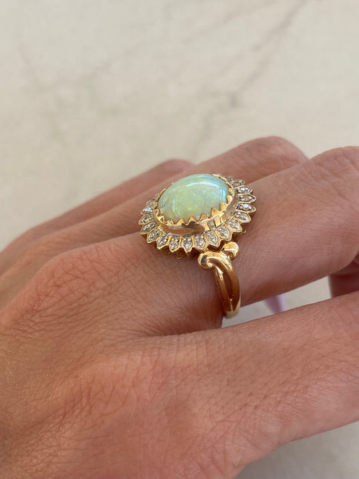 Vintage 10K Opal & Diamond Flower Ring