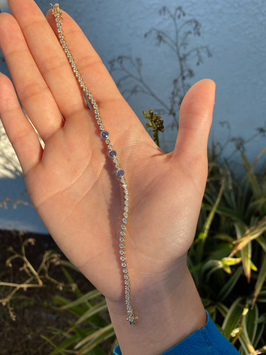 14k Bezel Set Natural Diamond & Blue Sapphire Tennis Bracelet
