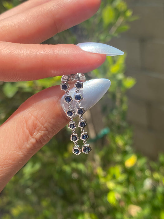 14K White Gold Blue Sapphire Hexagon Dangle Earrings