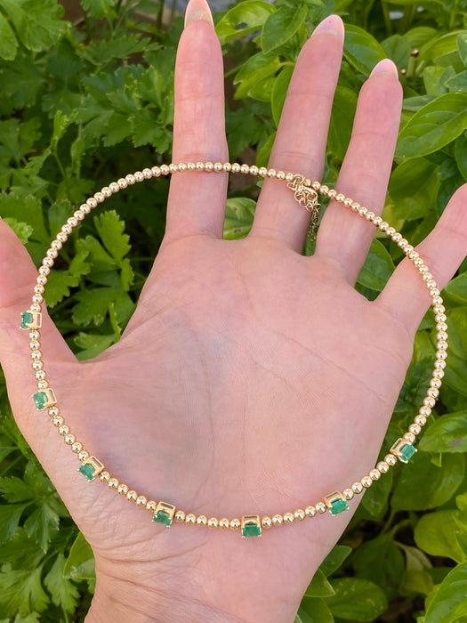 14K Gold Emerald Bead Collar Necklace – 1.40 TCW Emerald Cut Emerald Station Necklace – Adjustable 13–15”