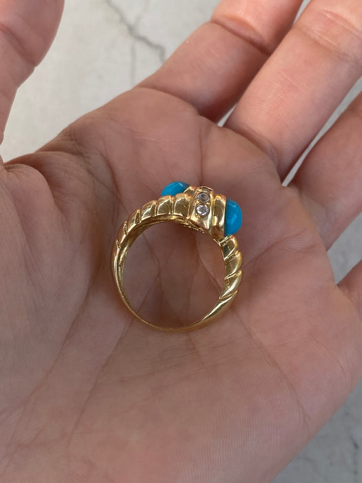 Vintage 14K Gold Turquoise & White Sapphire Bypass Ring