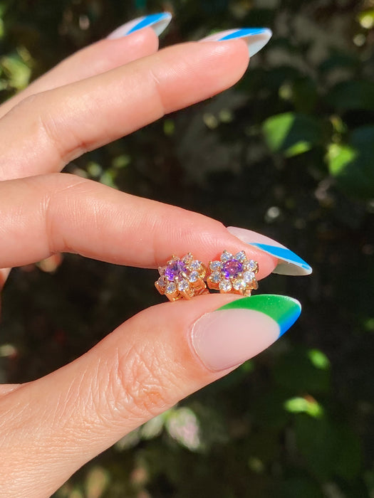 14k amethyst diamond flower stud earrings