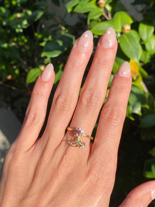 14k diamond spinner ruby ram flower ring size 7