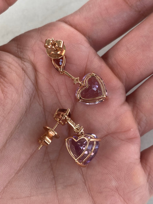 18K Rose Gold Rhodolite Garnet, Amethyst Heart & Diamond Drop Earrings