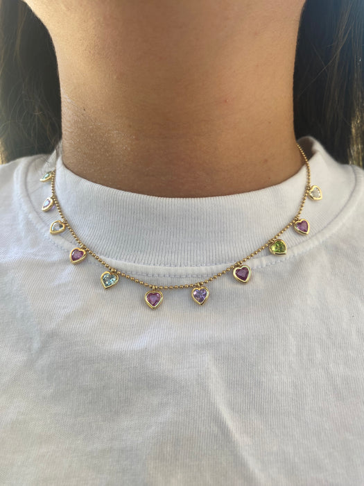 14K Multi-Gemstone Heart Station Bead Necklace