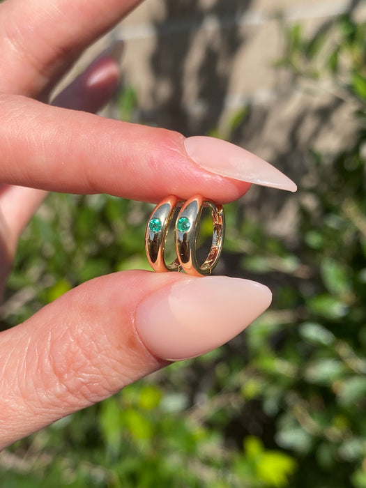 14K Gold Flush Set Emerald Huggie Earrings