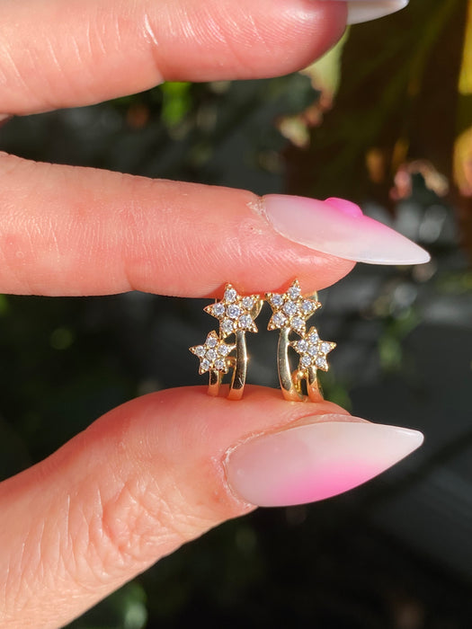 14K Gold Double Star Diamond J Huggie Hoop Earrings