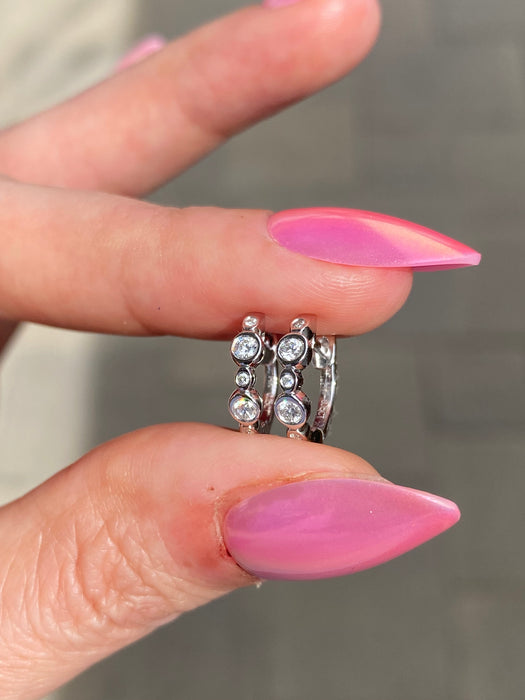 14K White Gold Bezel Set Diamond Huggie Earrings