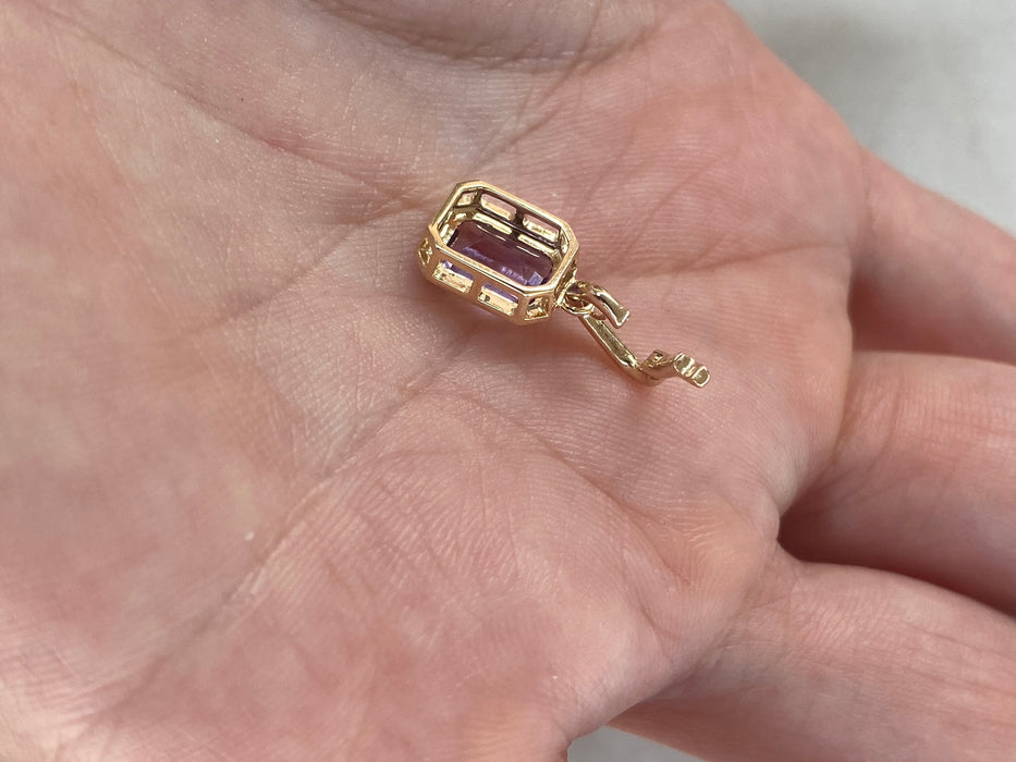 14K Emerald Cut Amethyst Pendant with Diamond-Set Enhancer Bail
