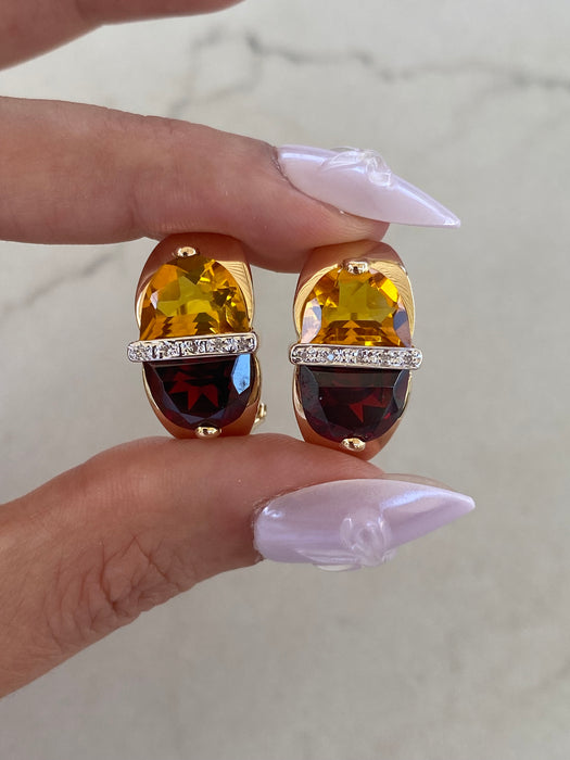 Vintage 14K Gold Garnet, Citrine & Diamond Half Moon Earrings with Omega Backs