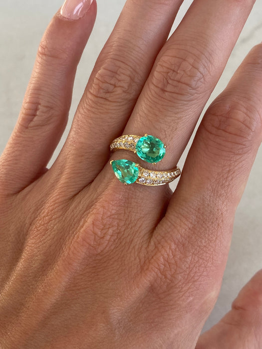 Vintage 18K Emerald & Diamond Bypass Ring