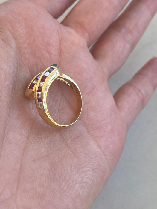 Vintage 18K Ruby & Diamond Checkerboard Bypass Ring