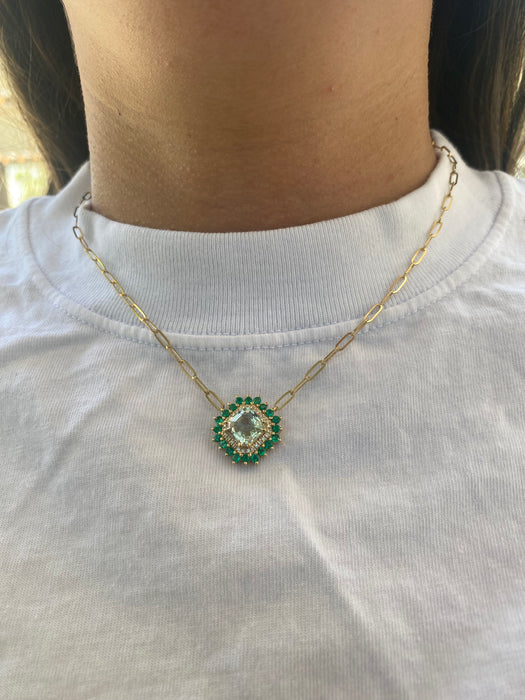 14K Gold Prasiolite, Diamond & Emerald Paperclip Chain Necklace