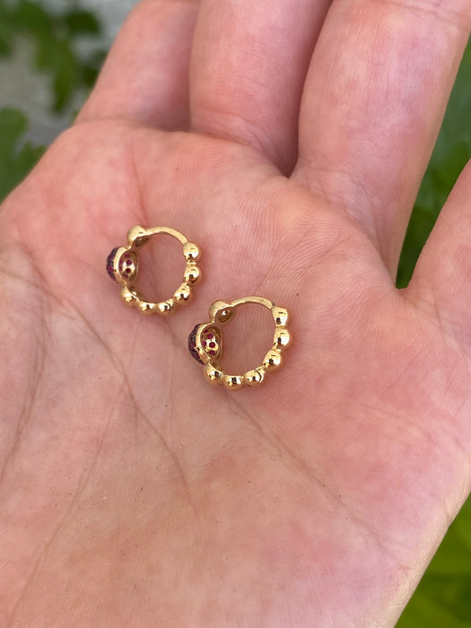 14K Gold Ruby Beaded Huggie Earrings