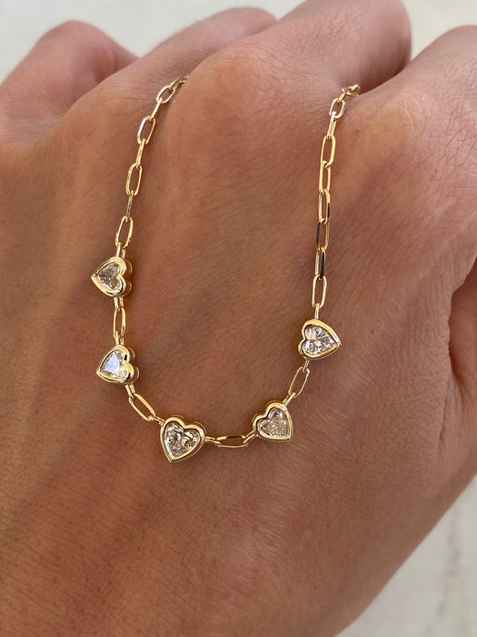 14K Gold Paperclip Necklace with 1.5 TCW Lab Diamond Heart Stations