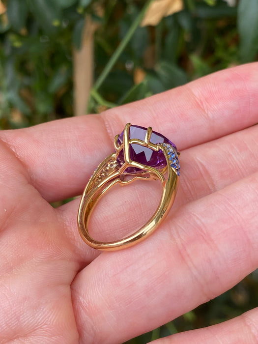 18K Gold Heart Amethyst & Ombre Sapphire Heart Ring