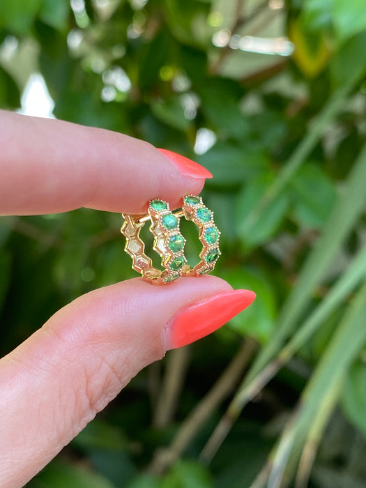 14K Gold Hexagon Tsavorite Garnet Huggie Earrings