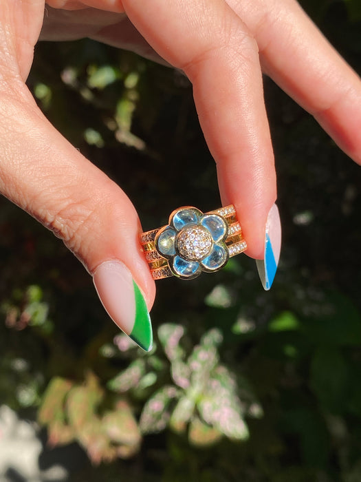 18k cabochon blue topaz diamond flower ring size 5.5