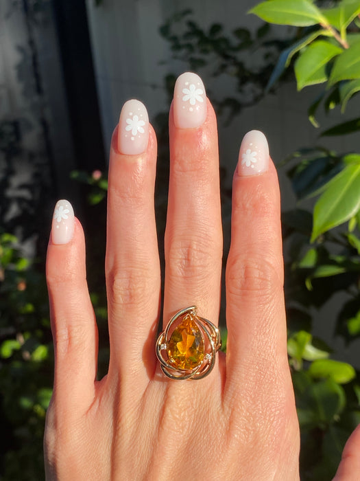 Vintage 14K Gold Pear Citrine & Diamond Ring