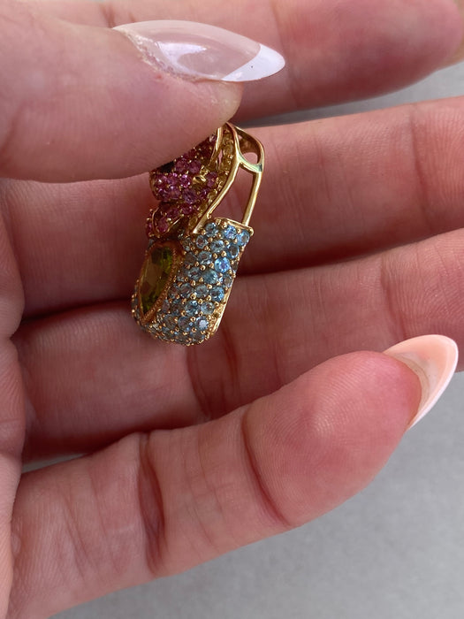 Vintage 18K Sapphire Peridot Cat Slider Charm