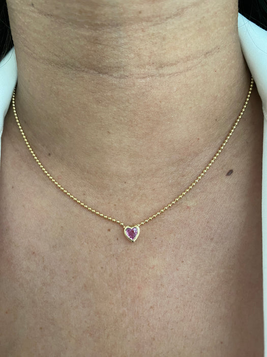 14k bead chain with bezel set pink sapphire heart necklace 18”